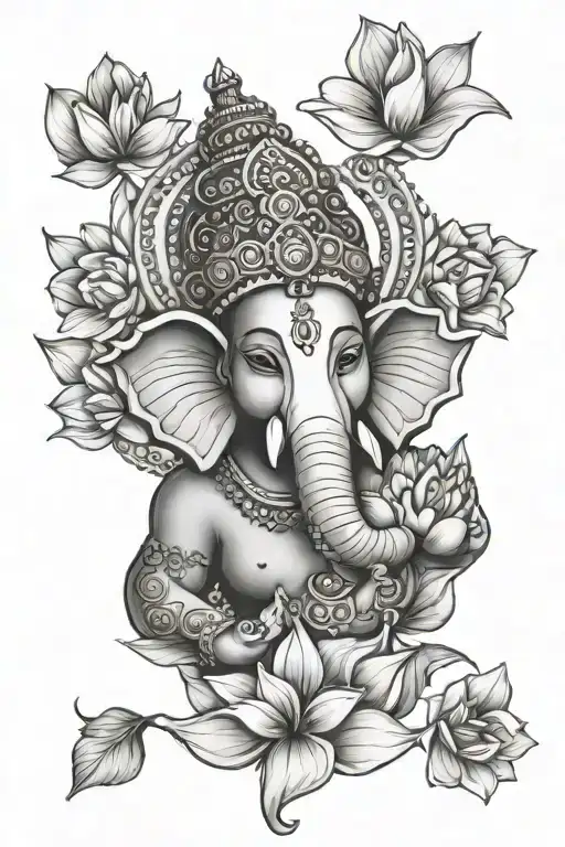 Ganesha Head Shoulder Tattoo Surrounded In Lotus Flowers