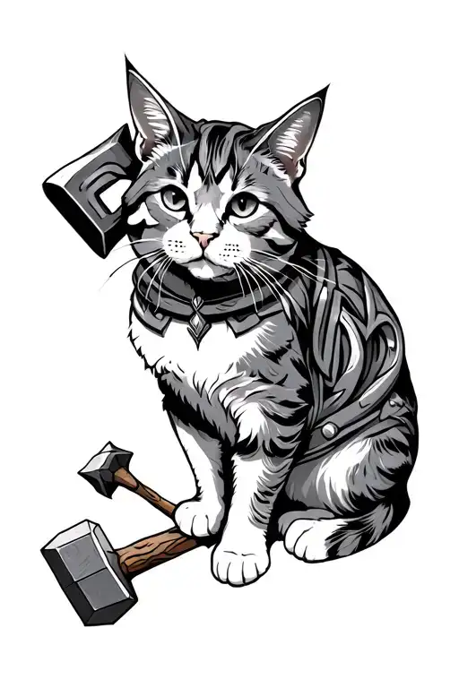 Fine Line Cat With Thors Hammer