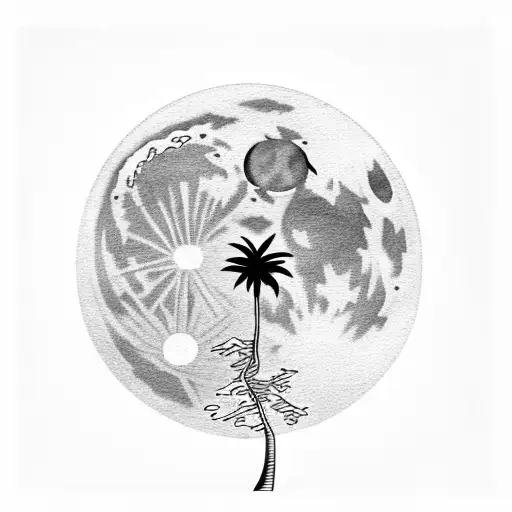 Palm Tree With Full Moon And Ocean In Background