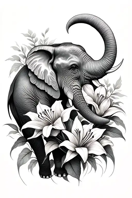 Elephant And Lilies Intertwined