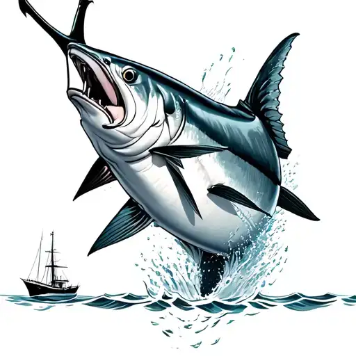 Bluefin Tuna Jumping Out Of Water With A Boat In The Background