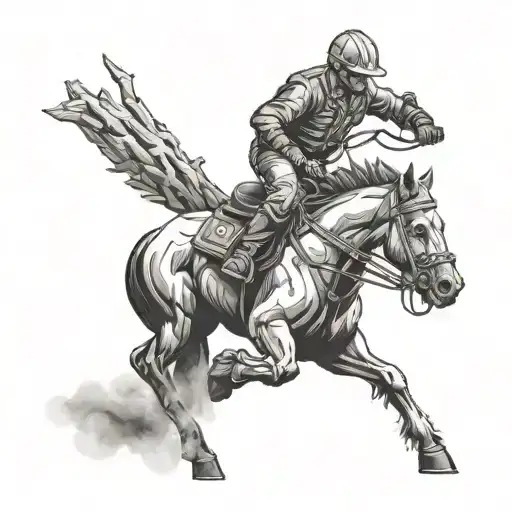 A Construction Worker Riding A Horse Made Of Chainsaws Through A Dense Forest