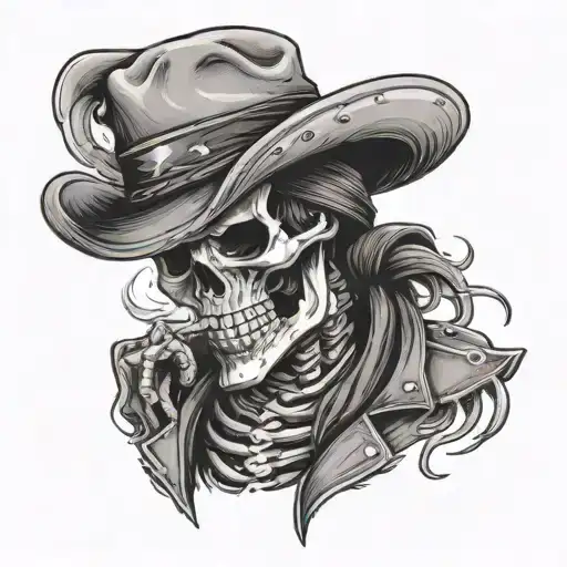 Western Cowboy Skeleton With Bandana Around Neck Smoking A Cigarette With Smoke Around Him