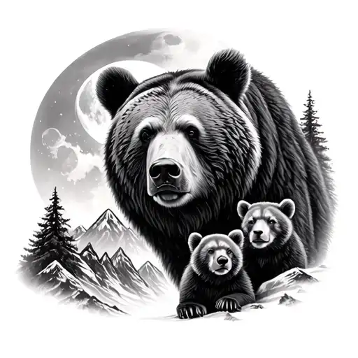 Half Of A Bear Face With 3 Cubs By Mountains And Moon Realism