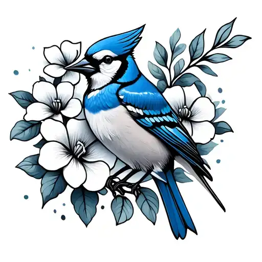 A Black And Grey New School Styled Blue Jay With Flowers