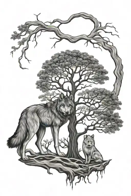 Tree Of Life With Wolf Mother And Son