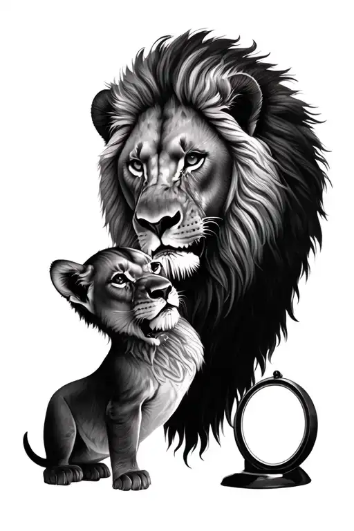 Baby Lion Looking At Dead Dad Lion In A Mirror Reflection