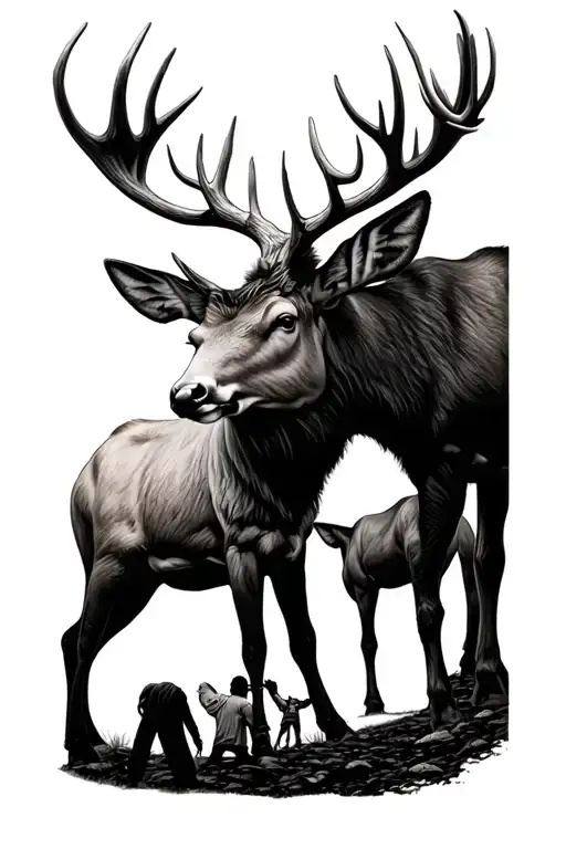Deer And Moose Antlers With 2 People