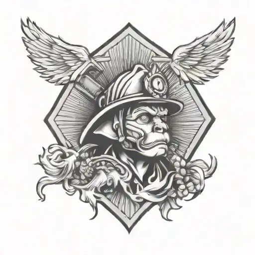 A Stylized Firefighter Emblem Surrounded By Wildlife