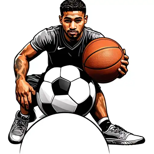 Man Holding Basketball In Hand And One Foot On A Soccer Ball