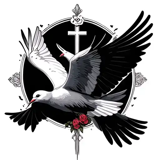 Two Doves Flying Together Representing Love With Some Cross And Initials