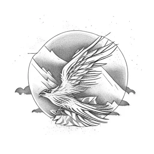 A Phoenix Bird Rising From The Ashes In A Desert With Mountains In The Background