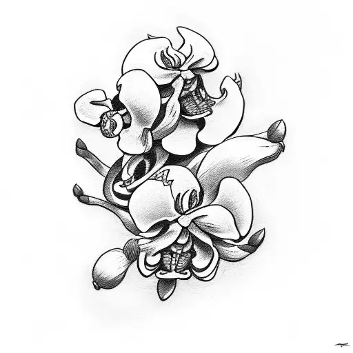A Caveira And Orchid Duo In A Traditional Black And Grey Tattoo Style