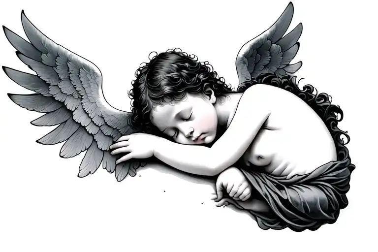 Cherub Asleep On Her Arms With Wings On Her Shoulders