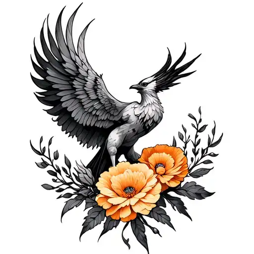 Phoenix Flying With A Marigold Flower Surrounded