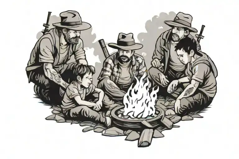 Father And Two Sons Around A Campfire