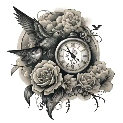 Clock And With Clouds And Birds Flying On My Sleeve