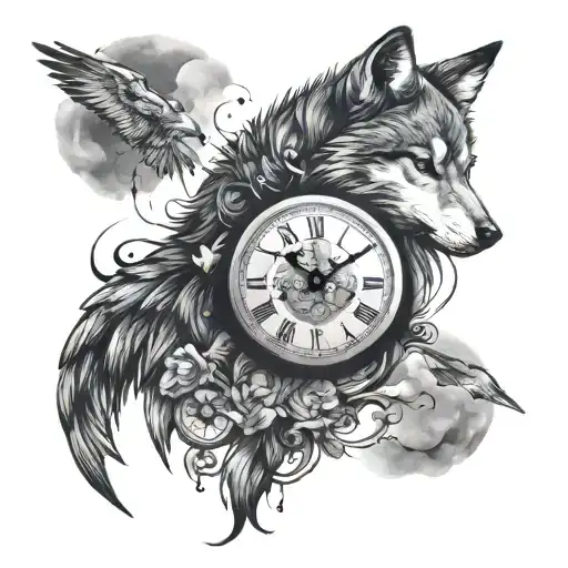 Clock And With Clouds And Birds Flying On My Sleeve With A Wolf