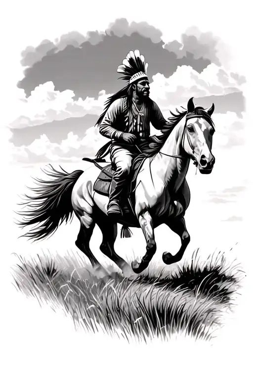 Native American Man Riding Horse Galloping Through A Field