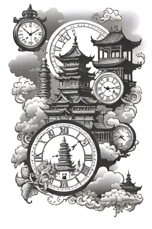Cloudy Background City Scape Scene Chinese Building With Clocks