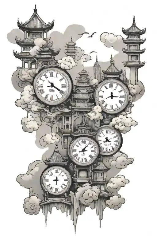 Chinese Cloudy City Scape With Clocks And Hour Glasses