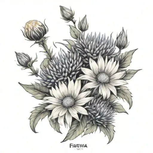 Color Tattoo Of Daisies And Thistle With The Name Freyja In It For A Woman's Shoulder And Arm