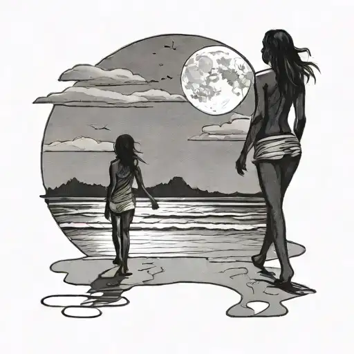 A Mother And Daughter Silhouette Walking On The Beach In Seychelles Under A Full Moon