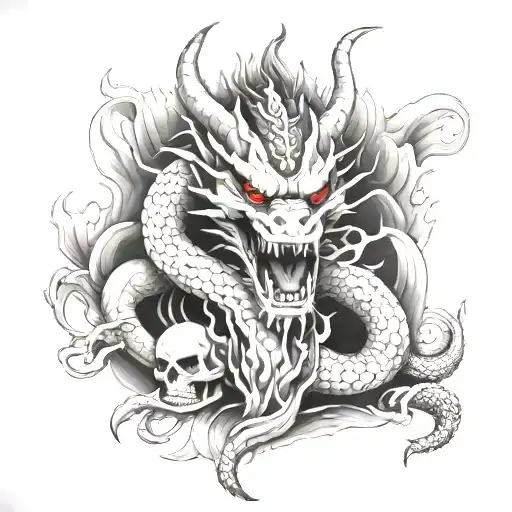 Japanese Dragon Sitting On A Skull