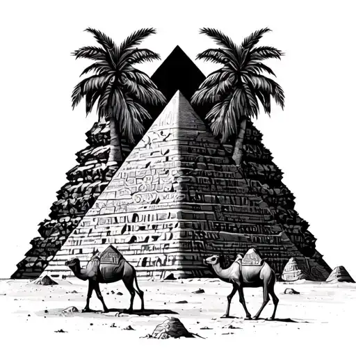 Egyptian Pyramid Landscape With Camels And Palms