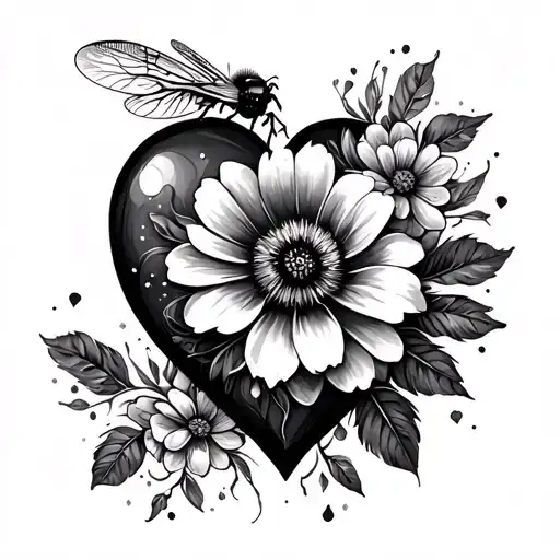 Heart Feather Bee And Flower Blooming