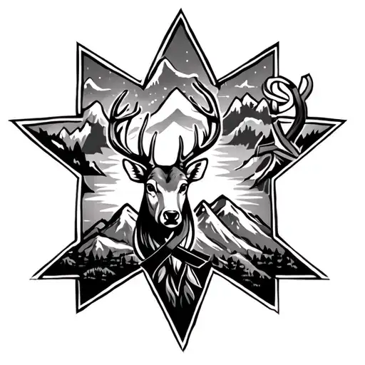 Star Of Life With A Deer On One Side And A Mountain And Cancer Ribbon On Other