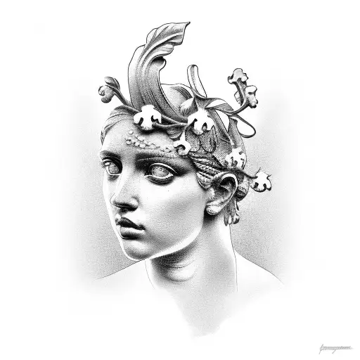 Broken Face Of Greek Statue With Lilly Of The Valley And Violets On Each Side