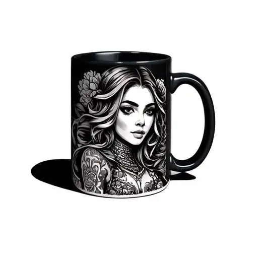 A Humanoid Coffee Mug That Is A Woman In Traditional Tattoo Style