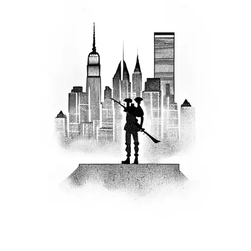 A Soldier Playing A Guitar On A New York Skyline Backdrop