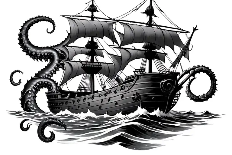 Pirate Ship Fighting Kraken Emerging