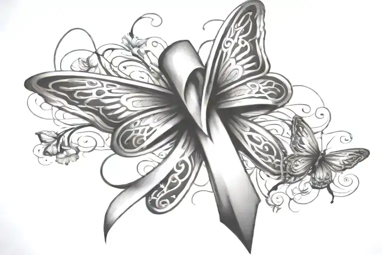 A Cancer Ribbon Wrapped Around A Cross Surrounded By A Butterfly
