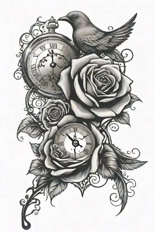 Rose With A Dove Above It With A Eye Surrounded By A Clock