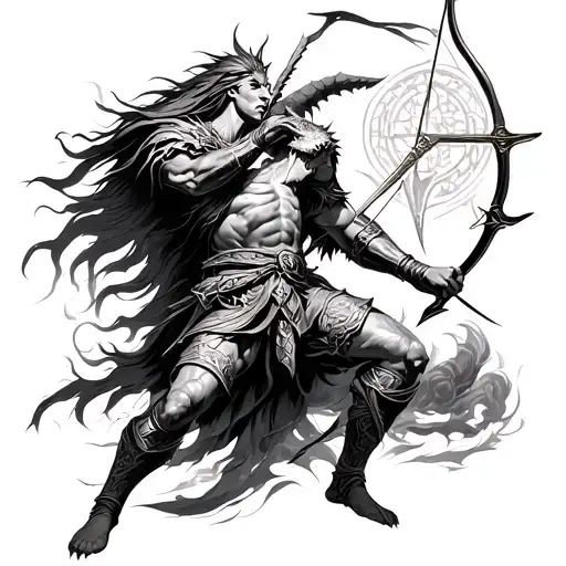 Saggitarius Bow And Warrior Battling Mythical Creatures