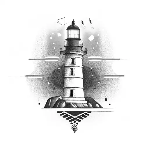 A Black And Grey Lighthouse With Musical Notes As Its Light Beams