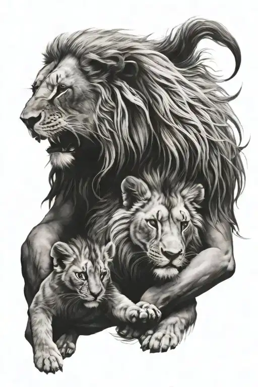 Lion And Human Mom Carrying Her Child