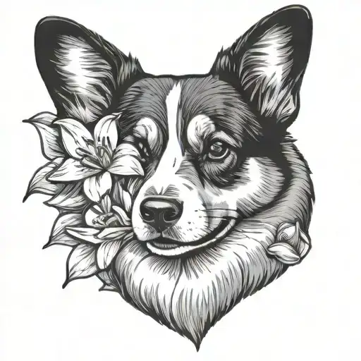 Black Corgi Face With Lillies