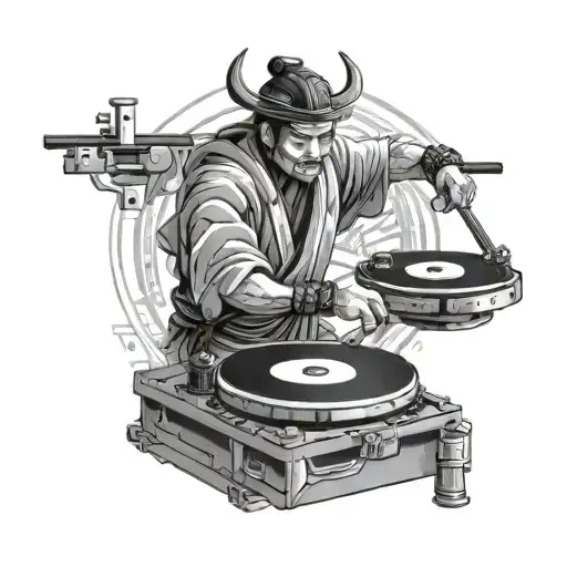 A Samurai Dj Mixing Music With Katana Turntables