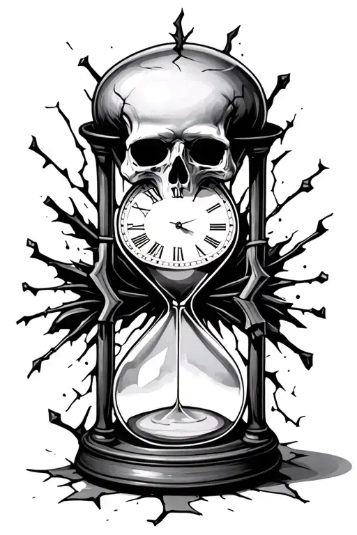 Hourglass With A Skull Clock In The Top Glass And Cracked Bottom