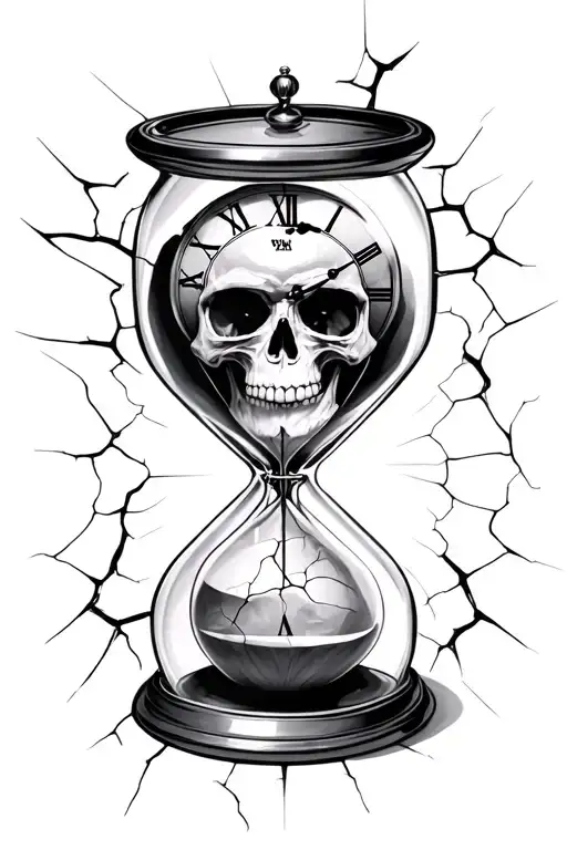 Hourglass With A Skull Clock Inside The Top Glass And Bottom Glass Is Cracked With Lots Of Detail