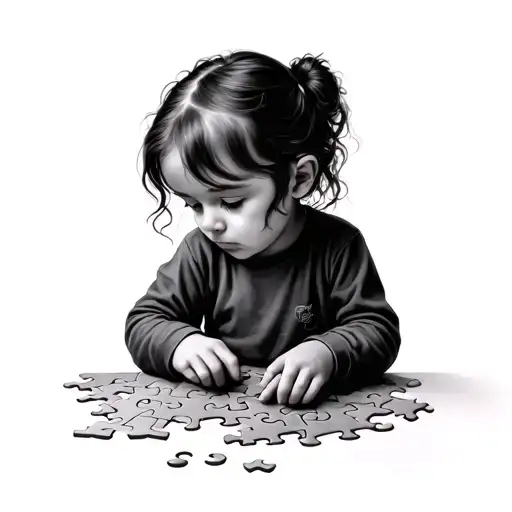 Young Child Trying To Piece Together A Puzzle Sad Female