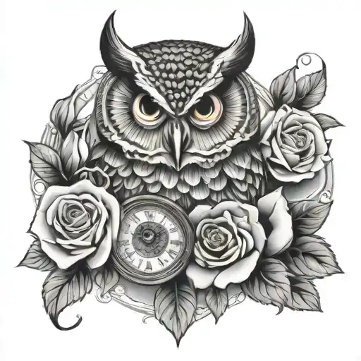 Owl With Clock And Roses