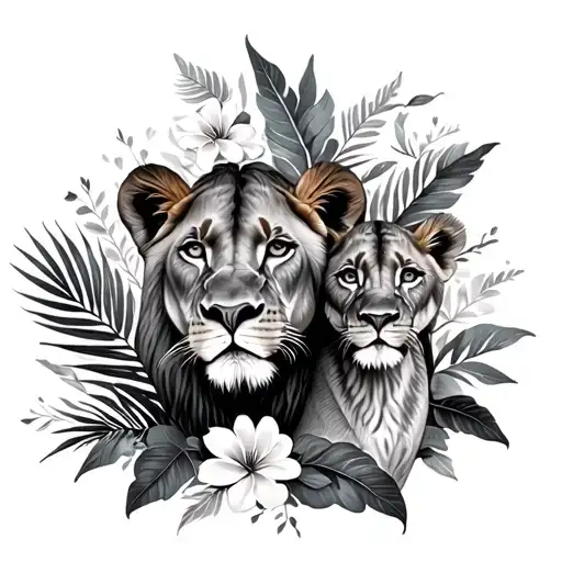 Lioness With Cub And African Flowers And Palm Leaves