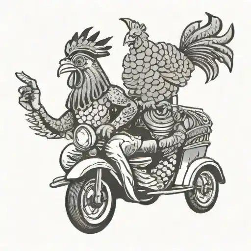 A Sardine Fish Driving A Tuk-tuk With A Rooster Passenger