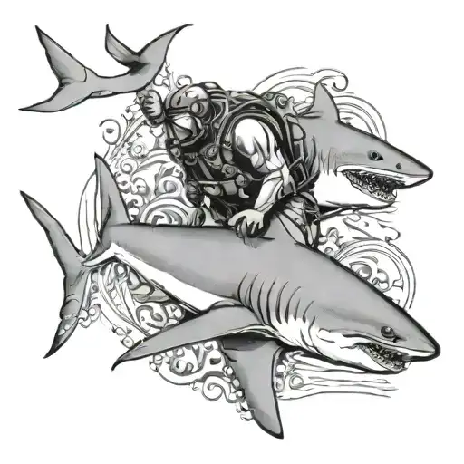 Diver Tatto With Shark Swimming