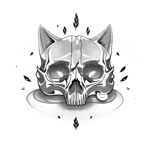 A Skull Wearing A Cat Mask Surrounded By Moths In Black-grey Style